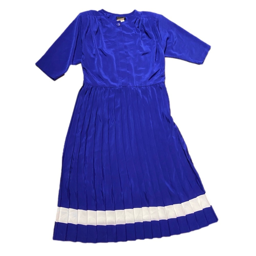 🌷 Joseph Ribkoff🌷 Vintage Royal Blue Pleated Dress With White Stripe Hem Size 11